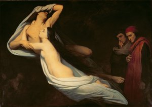 Las figuras de Francesca da Rimini y Paolo da Verrucchio aparecen a Dante y Virgilio, ilustración del 